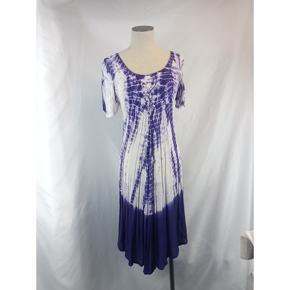 VTG Ocean Breeze Dress Womens Regular Free Size Purple Tie Dye Boho Hippie Dress